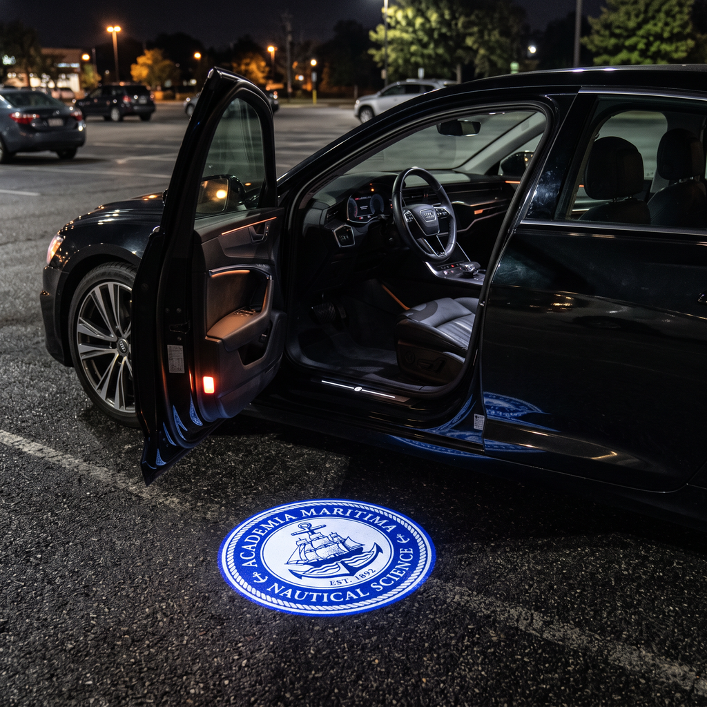 UniGlow HBCU car door projector - Hampton University blue and white emblem