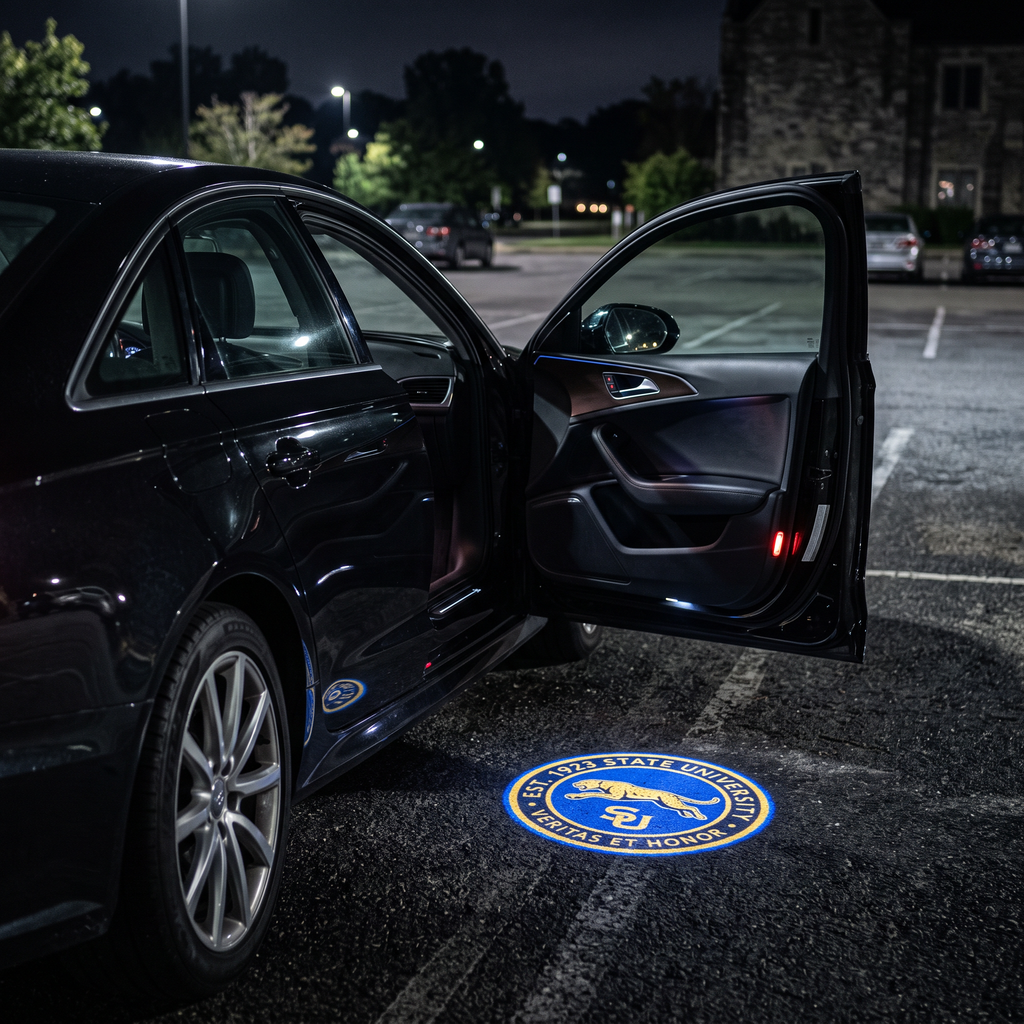 UniGlow HBCU car door projector - Southern University blue and gold jaguar emblem