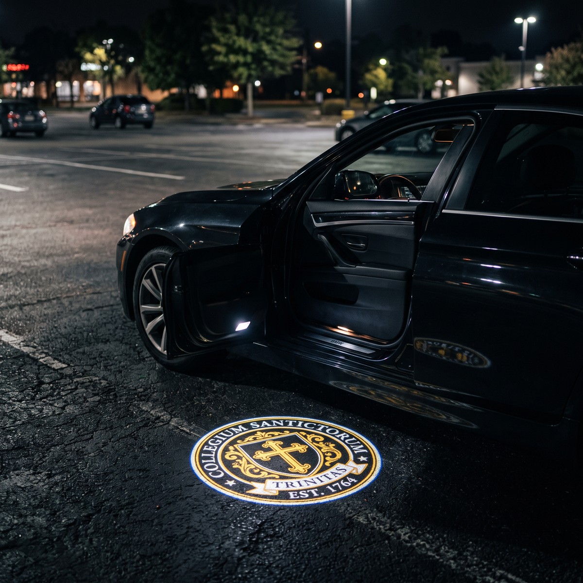 UniGlow HBCU car door projector - Xavier University gold and white shield emblem