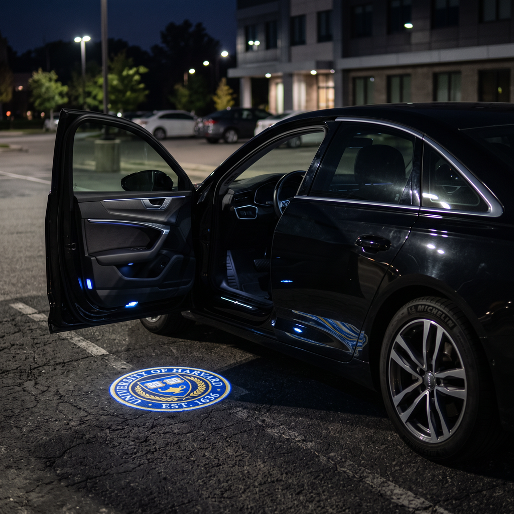 UniGlow HBCU car door projector - Fisk University blue and gold academic crest