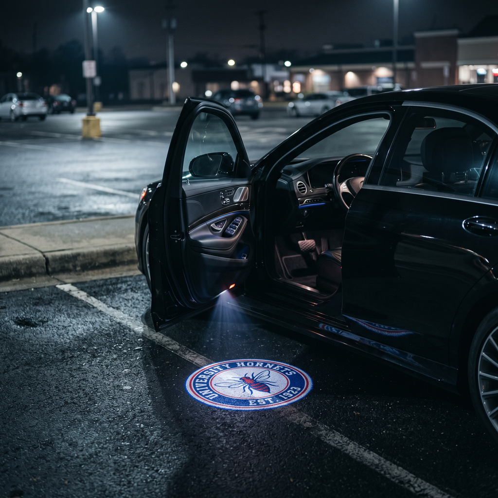 UniGlow HBCU car door projector - Delaware State red and blue hornet emblem